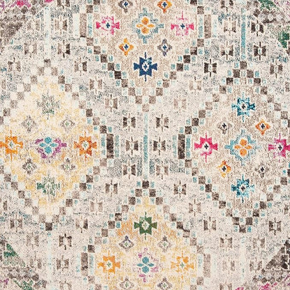 SAFAVIEH Madison Collection Area Rug - 6'7" Round, Grey & Yellow, Boho Diamond Distressed Design, Non-Shedding & Easy Care, Ideal for High Traffic Areas in Living Room, Bedroom (MAD418F)