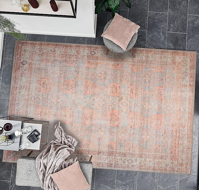 GLN Rugs Traditional Collection - Machine Washable Area Rug, Traditional Washable, Non Slip, Low Pile Chenille Rug, Living Room, Bedroom, Kitchen Rug (6' x 9' Terra/Multicolor 1153)