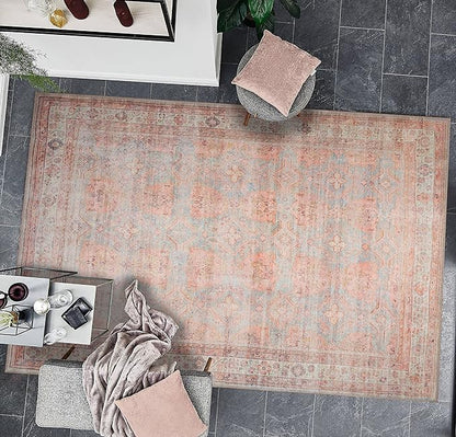 GLN Rugs Traditional Collection - Machine Washable Area Rug, Traditional Washable, Non Slip, Low Pile Chenille Rug, Living Room, Bedroom, Kitchen Rug (6' x 9' Terra/Multicolor 1153)