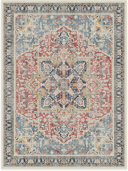 RUGGABLE Washable Vintage Area Rug – Kamran Cayenne Red 9x12, Stain-Resistant, Non-Slip – Large Machine Washable Rugs for Living Room, Bedroom, Hallway, Entryway & Office–with Standard Pad