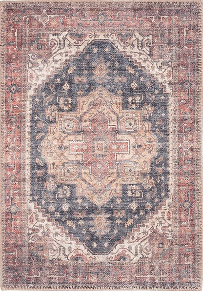 GLN Rugs Traditional Collection - Machine Washable Area Rug, Traditional Washable, Non Slip, Low Pile Chenille Rug, Living Room, Bedroom, Kitchen Rug (2' x 3' Black/Terra)