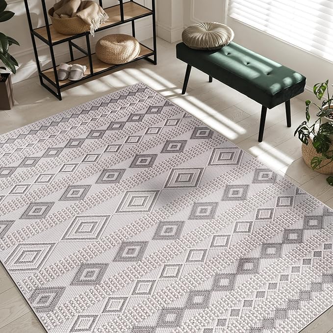 CAMILSON Micro Loop Rug 5x7 Modern Luxury Geometric Moroccan Diamond Area Rugs Soft High and Low Pile Stain Resistant Easy-Cleaning Non-Shedding for Living Room Office Indoor Carpet (5 x 7 White-Gray)