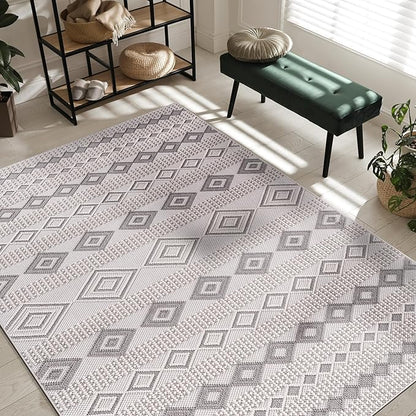 CAMILSON Micro Loop Rug 5x7 Modern Luxury Geometric Moroccan Diamond Area Rugs Soft High and Low Pile Stain Resistant Easy-Cleaning Non-Shedding for Living Room Office Indoor Carpet (5 x 7 White-Gray)
