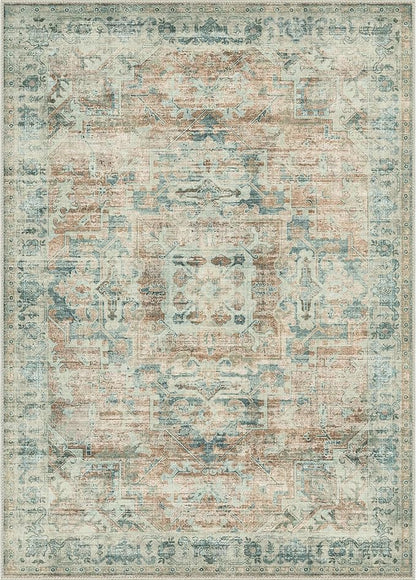 GENIMO Machine Washable 8x10 Area Rugs for Living Room, Non Slip Vintage Rugs, Low Pile Lightweight Chenille Print Rug for Bedroom, Dining Room, Home Office, Light Brown & Pink