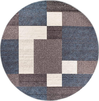 Rugshop Modern Boxes Design Non-Slip (Non-Skid) Round Area Rug for Living Room, Entryway,Kitchen,Breakfast Nook 8' Blue