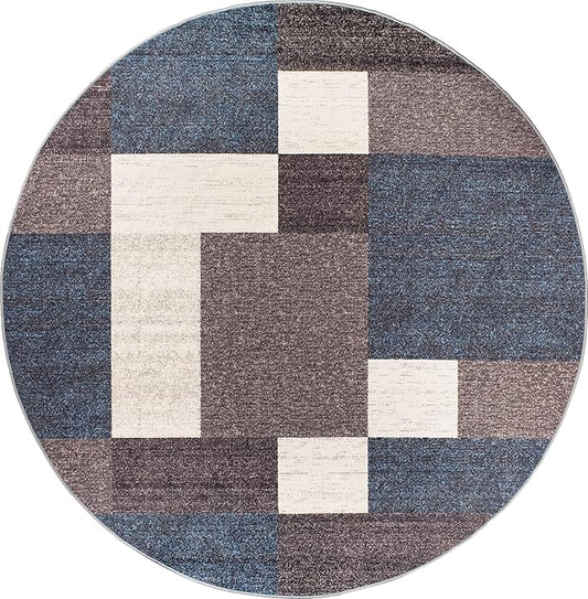 Rugshop Modern Boxes Design Non-Slip (Non-Skid) Round Area Rug for Living Room, Entryway,Kitchen,Breakfast Nook 8' Blue