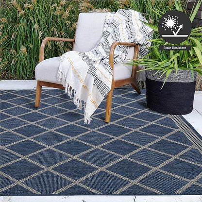 FH Home Flat Woven Outdoor Rug - Waterproof, Easy to Clean, Stain Resistant - Premium Polypropylene Yarn - Moroccan Geo Lattice - Patio,Deck,Porch,Balcony,Laundry - Tunis - Blue - 3ft 11 in x 5ft 6in