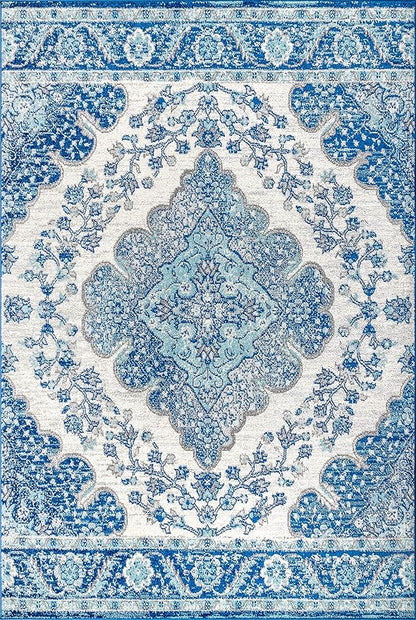 JONATHAN Y Boho Vintage Cream/Blue Indoor Area Rug, 9x12, Bohemian Flair Medallion, Floral Easy-Cleaning High Traffic for Living Room, Bedroom, Kitchen, Pet-Friendly, Non-Shedding (BMF106B-9)