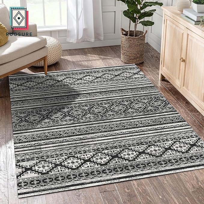 RUGSURE Washable Area Rugs 8' x 10' - 1/6 Thick - Moroccan-Inspired -Stain & Water Resistant Non-Slip - Resistant Rug for Living Room, Bedroom, Nursery, Pet & Child Friendly (Black)