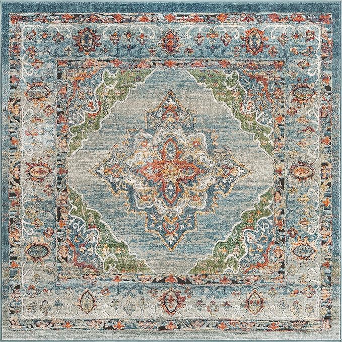Unique Loom Isabella Collection Area Rug - Rossellini (5' 4" Square, Blue/ Beige)