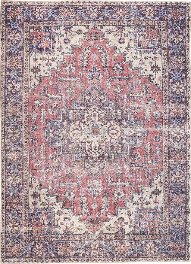 GLN Rugs Traditional Collection - Machine Washable Area Rug, Traditional Washable, Non Slip, Low Pile Chenille Rug, Living Room, Bedroom, Kitchen Rug (5' x 7' Multi Blue)