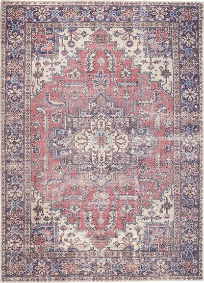 GLN Rugs Traditional Collection - Machine Washable Area Rug, Traditional Washable, Non Slip, Low Pile Chenille Rug, Living Room, Bedroom, Kitchen Rug (3' x 5' Multi Blue)