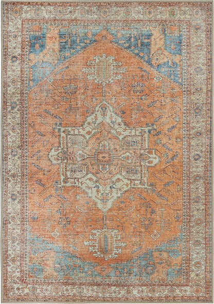 GLN Rugs Traditional Collection - Machine Washable Area Rug, Traditional Washable, Non Slip, Low Pile Chenille Rug, Living Room, Bedroom, Kitchen Rug (3' x 5' Terra/Multicolor)