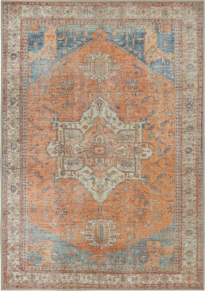 GLN Rugs Traditional Collection - Machine Washable Area Rug, Traditional Washable, Non Slip, Low Pile Chenille Rug, Living Room, Bedroom, Kitchen Rug (8' x 10' Terra/Multicolor)