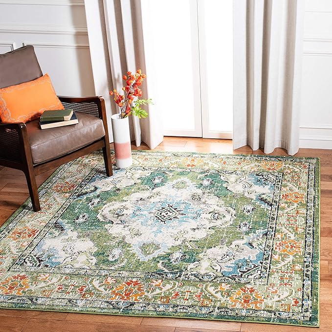 SAFAVIEH Monaco Collection Area Rug - 6'7" Square, Forest Green & Light Blue, Medallion Distressed Design, Non-Shedding & Easy Care, Ideal for High Traffic Areas in Living Room, Bedroom (MNC243F)
