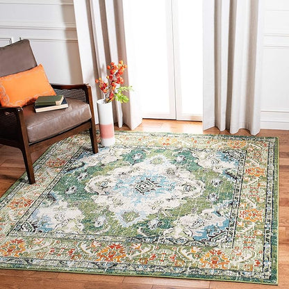 SAFAVIEH Monaco Collection Area Rug - 5' Square, Forest Green & Light Blue, Medallion Distressed Design, Non-Shedding & Easy Care, Ideal for High Traffic Areas in Living Room, Bedroom (MNC243F)