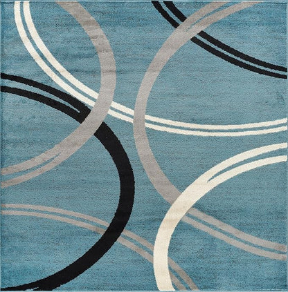 Rugshop Modern Wavy Circles Design Square Rug, Non-Shedding Carpet for Living Room, Bedroom, or Dining Room, Blue, 6'6" x 6'6"