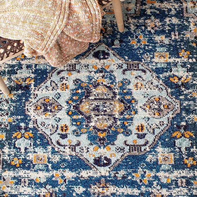 SAFAVIEH Madison Collection Area Rug - 5'3" x 7'6", Navy & Beige, Boho Diamond Distressed Design, Non-Shedding & Easy Care, Ideal for High Traffic Areas in Living Room, Bedroom (MAD418M)