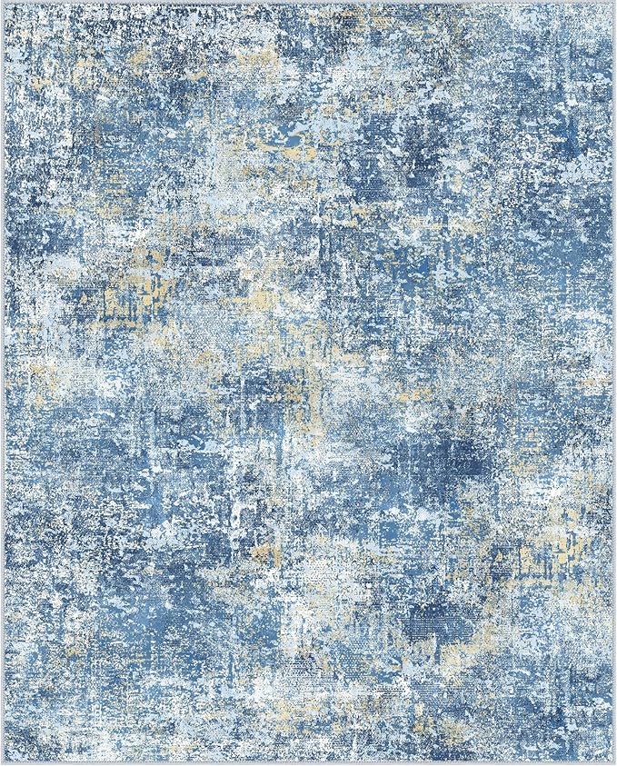 Bavni 8x10 Area Rugs Machine Washable Rug for Living Room, Modern Printed Rug Indoor Soft Area Rug for Bedroom Dining Room, Ultra-Thin Low Pile Carpet with Non Slip Rubber Backing, Denim Blue