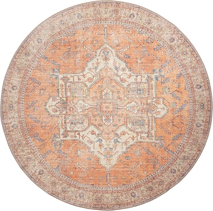 GLN Rugs Traditional Collection - Machine Washable Area Rug, Traditional Washable, Non Slip, Low Pile Chenille Rug, Living Room, Bedroom, Kitchen Rug (5'3" Round Terra/Multicolor)