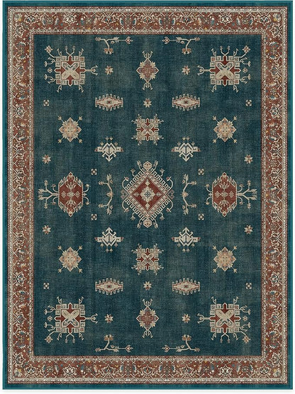 RUGGABLE Washable Vintage Area Rug – Verena Teal Blue 9x12, Stain-Resistant, Non-Slip – Large Machine Washable Rugs for Living Room, Bedroom, Hallway, Entryway & Office–with Standard Pad