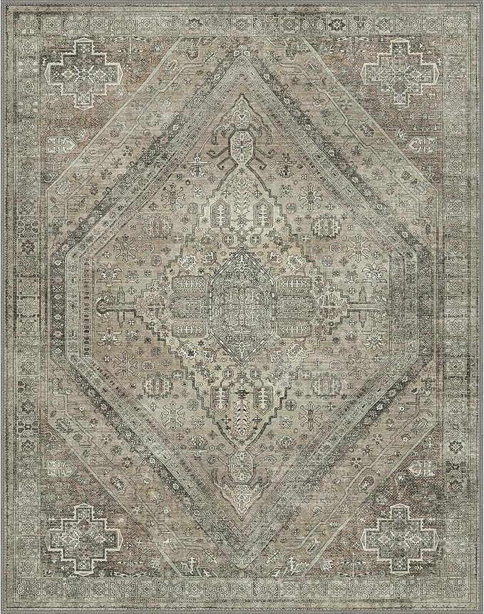 Bavni Washable Rug 8x10 Area Rug for Living Room Bedroom Dining, Washable Vintage Print Carpet, Ultra-Thin Chenille Low Pile Lightweight Rug with Non Slip Backing, Tan
