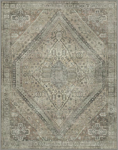 Bavni Washable Rug 8x10 Area Rug for Living Room Bedroom Dining, Washable Vintage Print Carpet, Ultra-Thin Chenille Low Pile Lightweight Rug with Non Slip Backing, Tan