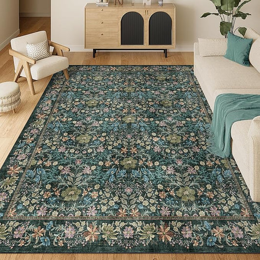 DUKINO 8x10 Area Rugs for Living Room, Vintage Floral Washable Rug with Non Slip Backing, Soft Low Pile & Non-Shedding Large Carpets for Bedroom, Farmhouse, Dining Room, Home Office, Blue