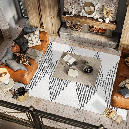 JONATHAN Y Elm Diamond Stripe Shag White/Gray Indoor Area Rug, 3x5, Geometric, Bohemian, Contemporary, Easy-Cleaning for Living Room, Bedroom, Kitchen, Pet Friendly, Non-Shedding (MOH408A-3)