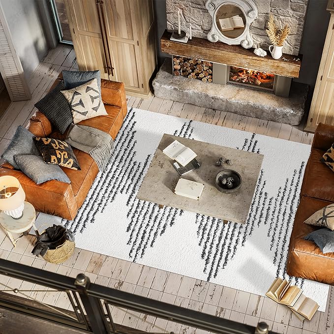 JONATHAN Y Elm Diamond Stripe Shag White/Gray Indoor Area Rug, 8x10, Geometric, Bohemian, Contemporary, Easy-Cleaning for Living Room, Bedroom, Kitchen, Pet Friendly, Non-Shedding (MOH408A-8)