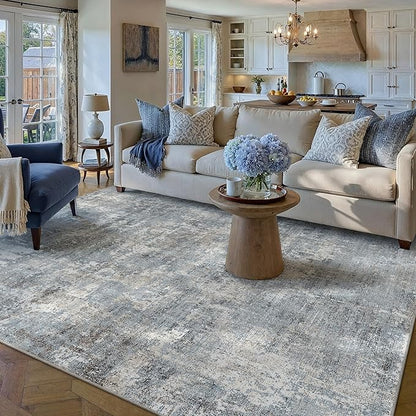 Machine Washable Area Rug 8x10 Grey Large Living Room Indoor Accent Rug Neutral Modern Abstract Low Pile Carpet Non Slip Distressed Throw Rug Bedroom Office Dining Room