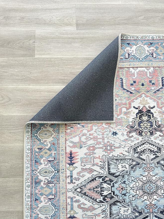 Fame Living Faded Oushak Rug, Turkish Vintage Floral Pastel Large Oversized Area Rugs for Living Room Dining Bedroom Kitchen Bathroom Nursery (848CrNv, 2' x 3')