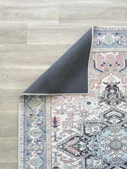Fame Living Faded Oushak Rug, Turkish Vintage Floral Pastel Large Oversized Area Rugs for Living Room Dining Bedroom Kitchen Bathroom Nursery (848CrNv, 2' x 3')