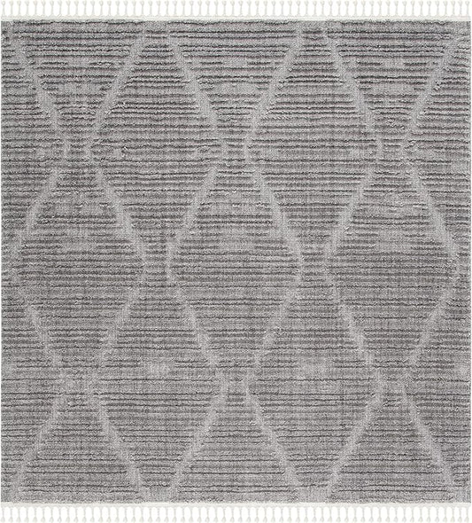 SAFAVIEH Marrakesh Collection Area Rug - 3' Square, Grey, Moroccan Boho Tribal Tassel Design, Non-Shedding & Easy Care, Ideal for High Traffic Areas in Living Room, Bedroom (MRK517F)