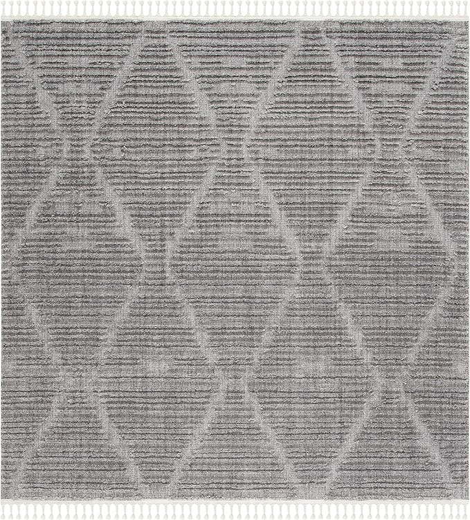 SAFAVIEH Marrakech Collection Area Rug - 6'7" Square, Grey, Moroccan Boho Tribal Tassel Design, Non-Shedding & Easy Care, Ideal for High Traffic Areas in Living Room, Bedroom (MRK517F)