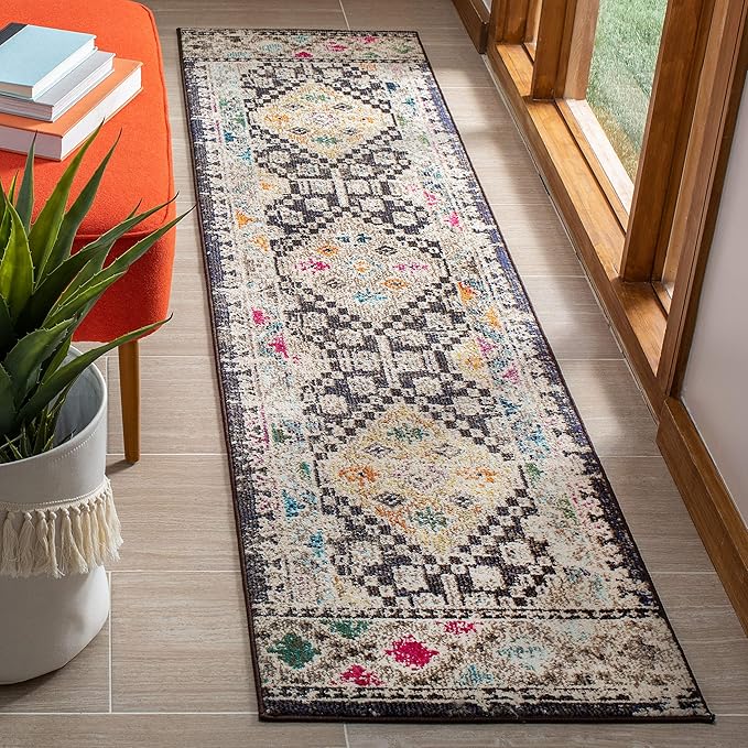SAFAVIEH Madison Collection Runner Rug - 2'2" x 12', Black & Yellow, Boho Diamond Distressed Design, Non-Shedding & Easy Care, Ideal for High Traffic Areas in Living Room, Bedroom (MAD418Z)