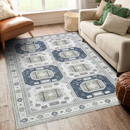 Fame Living Faded Oushak Rug, Turkish Vintage Floral Pastel Large Oversized Area Rugs for Living Room Dining Bedroom Kitchen Bathroom Nursery (848CrNv, 2' x 3')