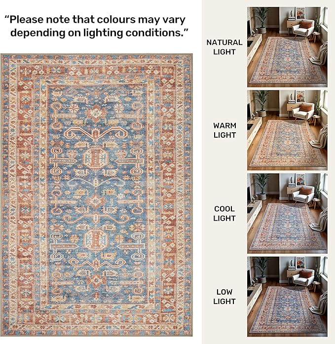 GLN Rugs Traditional Collection - Machine Washable Area Rug, Traditional Washable, Non Slip, Low Pile Chenille Rug, Living Room, Bedroom, Kitchen Rug (9' x 12' Terra/Slate Blue)