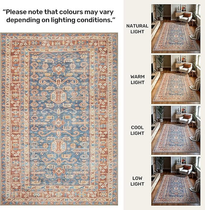 GLN Rugs Traditional Collection - Machine Washable Area Rug, Traditional Washable, Non Slip, Low Pile Chenille Rug, Living Room, Bedroom, Kitchen Rug (6' x 9' Terra/Slate Blue)