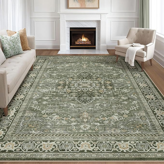 9x12 Area Rug Living Room: Washable Boho Large Neutral Vintage Soft Rugs Stain Resistant Farmhouse Non Slip Indoor Floor Carpet for Bedroom Nursery Kids Playroom Office Dining Room Home- Dark Green