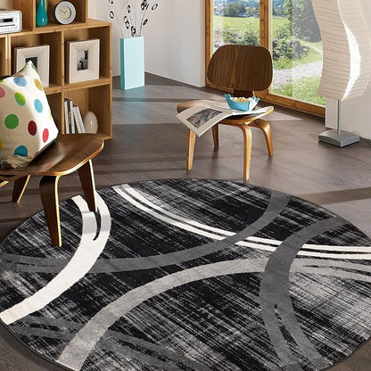 Rugshop Modern Wavy Circles Design Round Rug, Non-Shedding Carpet for Living Room, Dining Room, or Breakfast Nook, Black, 6'6" Round