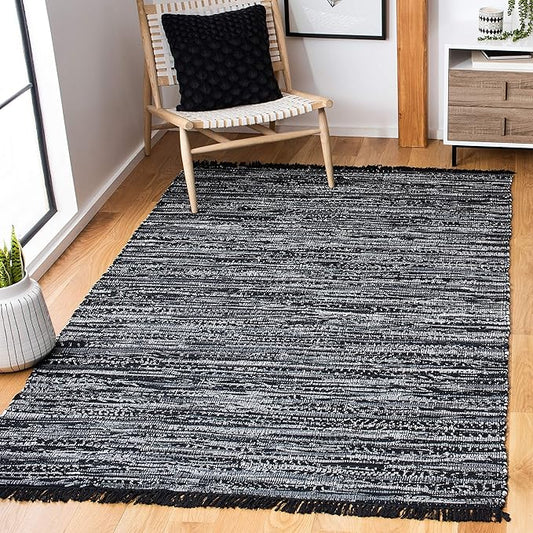 SAFAVIEH Rag Rug Collection Accent Rug - 3' x 5', Black, Handmade Boho Stripe Cotton, Ideal for High Traffic Areas in Entryway, Living Room, Bedroom (RAR121Z)