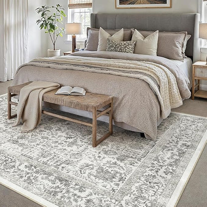 Black Area Rug 10x12 Machine Washable Large Vintage Living Room Distressed Non Slip Carpet Traditional Indoor Bedroom Grey Retro Floral Accent Throw Rug for Office Kitchen Dining Room