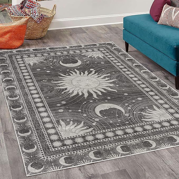 Ambesonne Sun and Moon Decorative Rug, Bohemian Artwork Design of Crescent Solar Ornament Esoteric Stars Ornaments, Quality Carpet for Bedroom Dorm and Living Room, 5' 1" X 7' 5", Dark Taupe