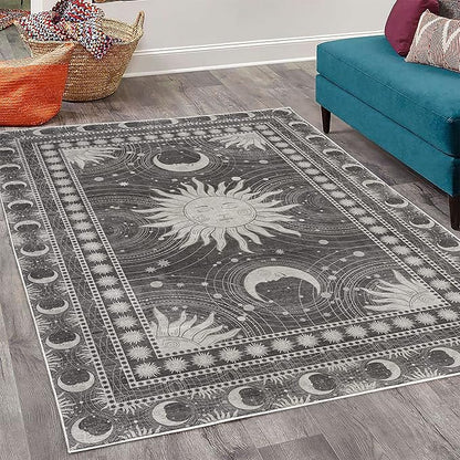 Ambesonne Sun and Moon Decorative Rug, Bohemian Artwork Design of Crescent Solar Ornament Esoteric Stars Ornaments, Quality Carpet for Bedroom Dorm and Living Room, 5' 1" X 7' 5", Dark Taupe