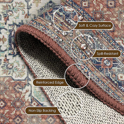 Washable Area Rug 2'6'' x 8' Vintage Traditional Persian Mat - Foldable Distressed Non-Slip Machine Washable Carpet for Living Room Bedroom Kitchen Home Decor - Terracotta and Navy