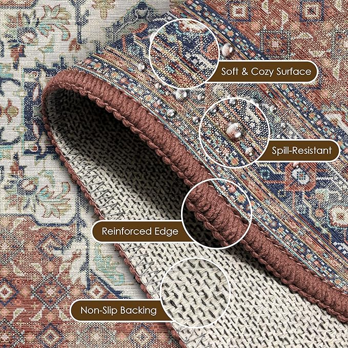 Washable Area Rug 4' x 6' Vintage Traditional Persian Mat - Foldable Distressed Non-Slip Machine Washable Carpet for Living Room Bedroom Kitchen Home Decor - Terracotta and Navy