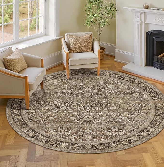 HUGEAR Round Rug 6ft Entryway Rugs Machine Washable Brown Hallway Area Rug 6x6 Large Circle Accent Rug Floral Low Pile Carpet Soft Throw Rug Living Room Office Laundry Room Entrance Non Slip