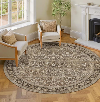 HUGEAR Round Rug 6ft Entryway Rugs Machine Washable Brown Hallway Area Rug 6x6 Large Circle Accent Rug Floral Low Pile Carpet Soft Throw Rug Living Room Office Laundry Room Entrance Non Slip