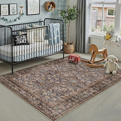 HUGEAR 3x5 Machine Washable Rugs Tradition Brown Hallway Area Rug Indoor Accent Rug Floral Low Pile Carpet Soft Throw Rug Bedroom Living Room Office Dining Room Kitchen Laundry Room Non Slip